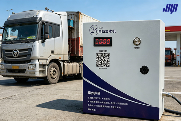 極亞智能大貨車自助加水機實拍，服務區卡車加水設備場景