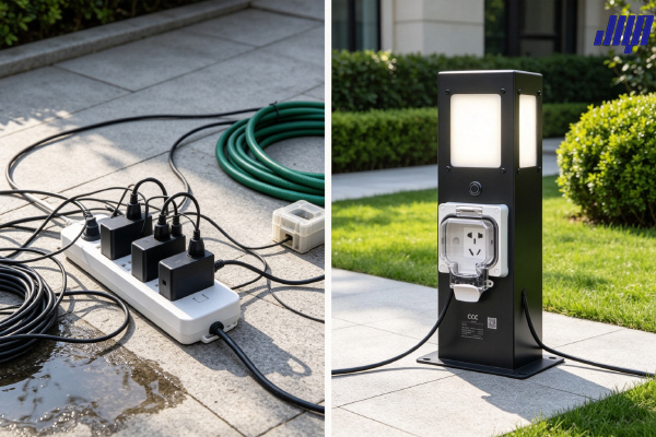 別墅庭院傳統(tǒng)臨時水電與專用戶外水電樁對比示意圖
